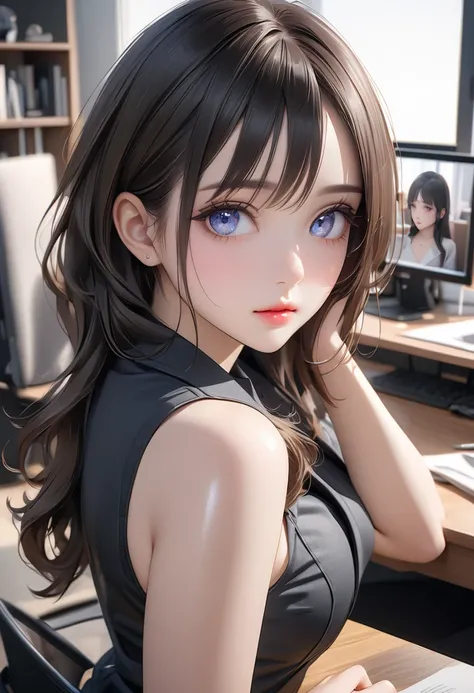 (masterpiece, best quality:1.4), (8k, raw photo, photo realistic:1.2), (shiny skin, detailed skin, detailed face, detailed eyes), Beautiful girl working in an office