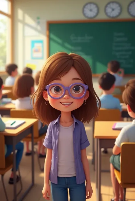 Je voudrai voir ma fille de 8 ans avec des cheveux marrons et des lunettes mauves faire classe dans une salle de classe avec des élèves et un tableau