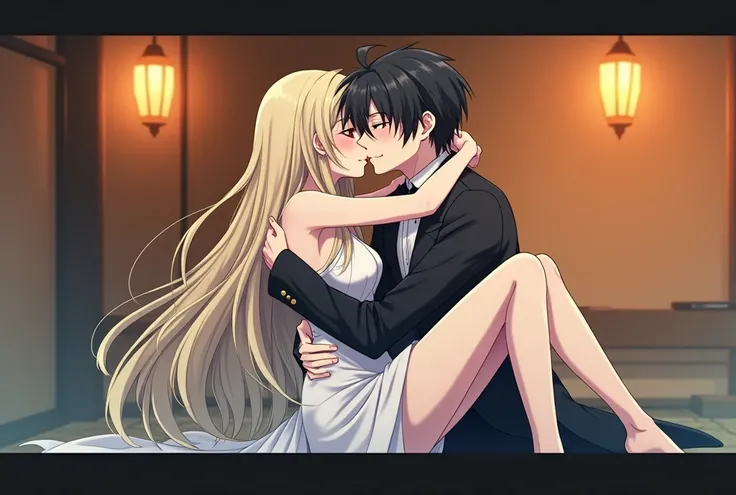 Man with black hair and red eyes kissing a woman with long blonde hair anime version 