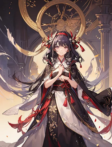 1woman, high, solo, black hair, long hair, small curls, a lot of curls, hair pin, ink pattern on cheek, Dark eyes, The lower part of the hanfu is black, the upper cape is purple , ((sprite for a visual novel))