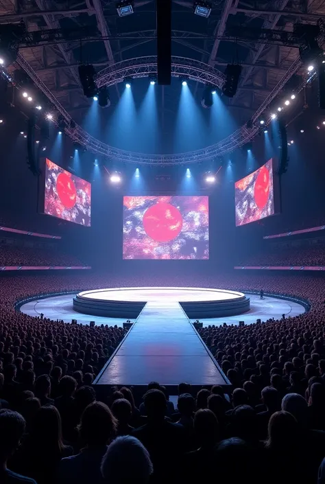  makes for me a concert stage that contains a catwalk (The stage must be large and the runway is also shaped like a circle at the end of it), with a big screen,  and on the side a small quadricular screen  (It has to be off stage ), It must also contain pl...