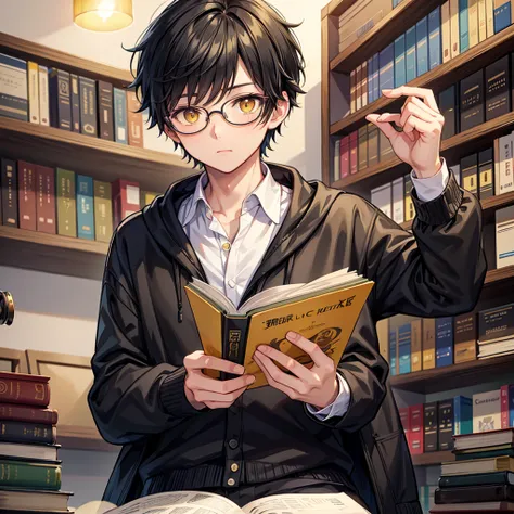 Black hair,  Eyes mixed with yellow and black, man,  reading a book ,  Thin-rimmed glasses and eyeglasses strap , Neat librarian outfit ,  Suri owl Suin 