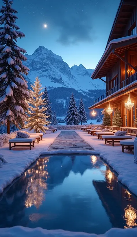 Create a nighttime Swiss wedding destination scene, set in the Alps under a starlit sky. Replace the warm fairy lights with cool-toned lights, like blue and white, to reflect a winter theme. Add natural elements such as snow-covered pine trees, wooden seat...