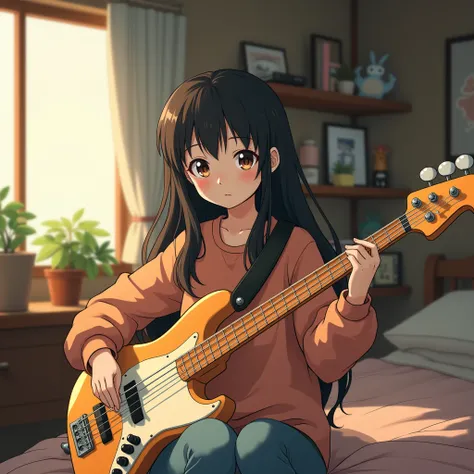 Japanese woman in her 20s playing bass in her room, Ghibli style, ultra high definition, 4K