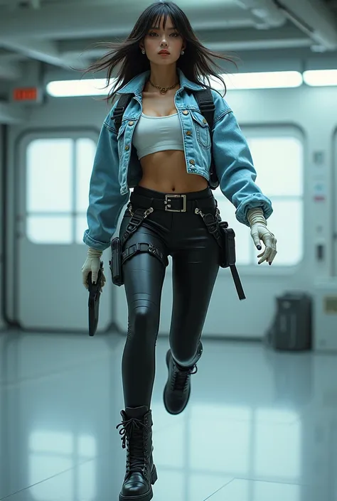  cyberpunk 、Artificial Human Room No. 18、 Hi-Res、Glamorous figure、short denim jacket 、 White Tube Top 、 Black Skinny Pants 、 cyberpunk タクティカル装備、 White Tactical Gloves、Knee Kick Pose 、 angle from directly below 、 cyberpunk タクティカルブーツ、 cyberpunk アクセサリー、High J...