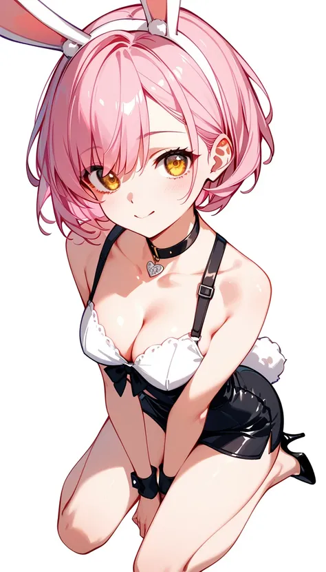  High image quality 、  high quality、   one girl playing pranks 、  Pink Hair 、  short hair、   Golden Eyes 、  short stature 、 smaller breasts、  deep cleavage、fisheye photography 、 taken from above、   girl looking at camera   、  raise your face 、 look up 、Rab...