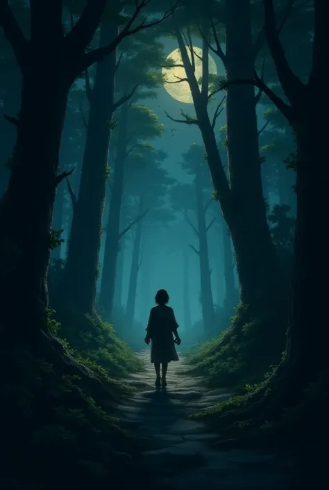 A quiet night scene in a dense forest. Nantha walks home. There is moonlight through the trees and the sound of insects.