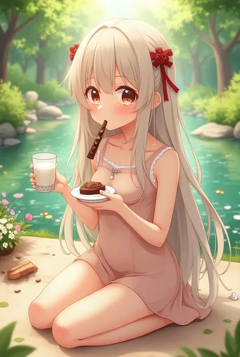 Beautiful anime girl who is eating chocolate She has long hair and often drinks milk sitting in a beautiful park
