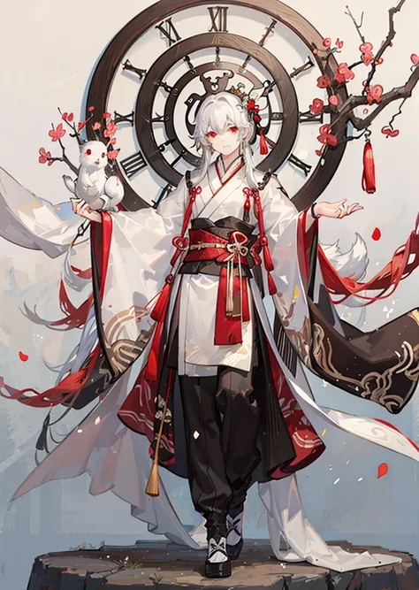 neco, narue, nanoless, 
1boy, solo, albino, ancient china, red eyes, white hair, long hair, hair tail, white hanfu, white chinese traditional costume, red flower embroidery, red bracelets, nice pose, sprite for visual novel, high ponytail