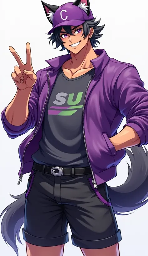  FULL BODY IMAGE  ,   manga style  ,   Where there is a charismatic man   ,   half human and half feline male  ,    with curly and dark gray hair   ,  purple eyes , high, Strong and slightly plump physique ,    chubby, radiant face and cheerful smile ,    ...