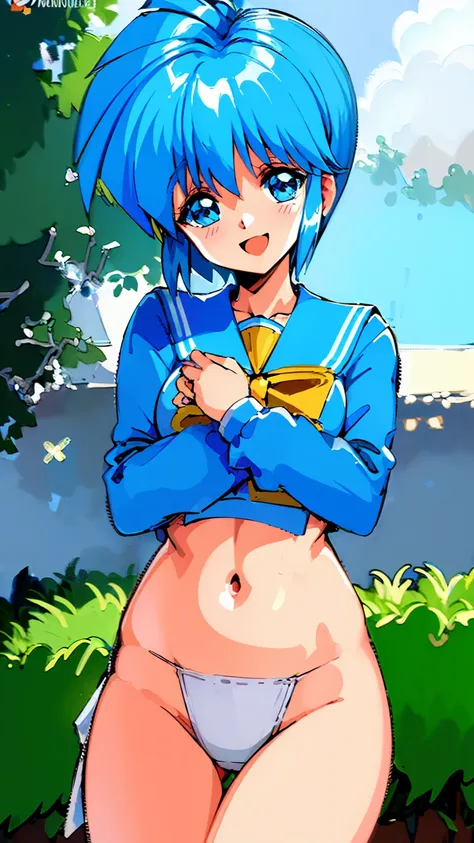 ( best quality, 8k, 32K, masterpiece,  super high definition:1.2),  blue hair,  short hair, Saki Nijino, smile, fine, Full Strength, guts , sweat , kawaii