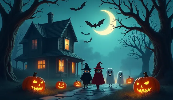 A Halloween image with a slightly spooky rens theme in a dark and foggy environment. ren wear scary costumes such as witches with sly smiles, small fanged vampires, small pale-skinned zombies, and transparent  ghosts. They walked on a path near an old hous...