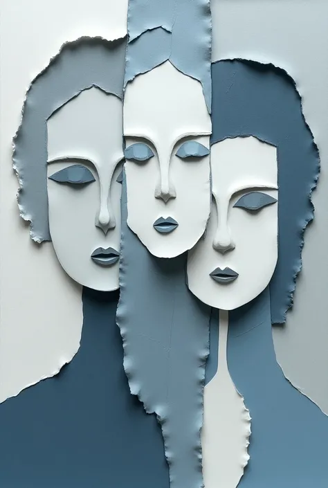 abstract painting-collage from scraps of paper in shades of gray and bluish with 3 simple faces