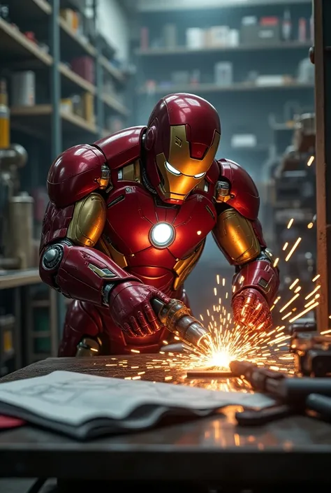 Depict Iron Man in a workshop setting, wearing his iconic red and gold suit but with the helmet flipped up to reveal his face, focused intently on welding. Sparks fly as he expertly uses a high-tech welding torch on a piece of machinery, creating vivid, br...