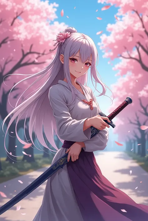 1girl,  Anime,  carrying a beautiful and cool one-handed sword in the cherry tree place 