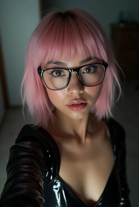  Create a new woman based on this image , She is 20 years old,  she has a Hispanic origin and also Chinese , she is beautiful, natural,  grade glasses she has a short, square haircut with a thick pastel pink fringe,  She has well-designed eyebrows , a bit ...