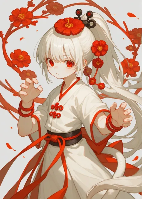 neco, narue, nanoless, 
1boy, Adult, solo, albino, ancient china, red eyes, white hair, long hair, hair tail, white hanfu, white chinese traditional costume, red flower embroidery, red bracelets, nice pose, sprite for visual novel, high ponytail