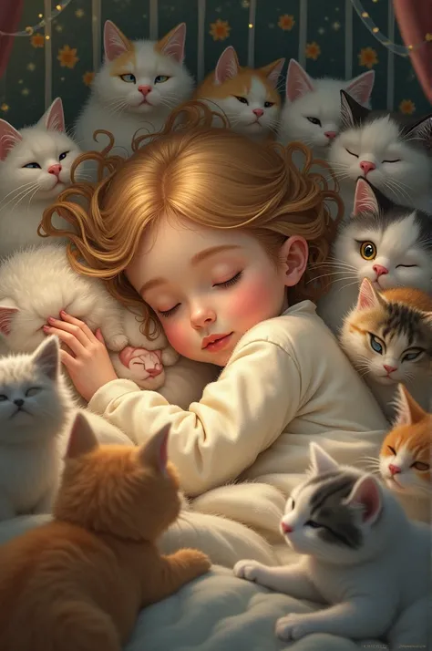 A girl sleeping in bed with 20 cats