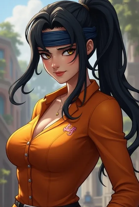 A woman in the style of the game Free Fire ,  who has black hair shaped like a ponytail with small locks of hair on the front of her face, And on your face there is a short dark blue cloth band that covers your eyes,  and her blouse is long sleeve orange ,...