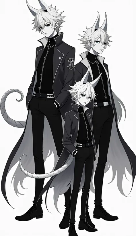 anime men, black and white clothes, white faces, black pants, white hair, black clothes, like animal ears, 