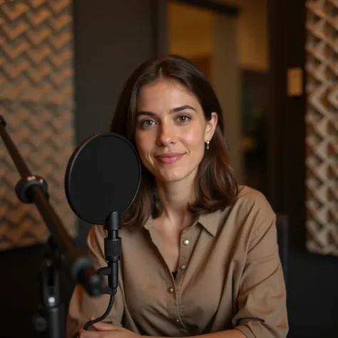 Generate an ultra-realistic image of an American female podcaster in her late 20s, positioned in a cozy, professional podcast studio. She has shoulder-length hair styled neatly, a confident expression, and wears a casual yet polished outfit, like a simple ...