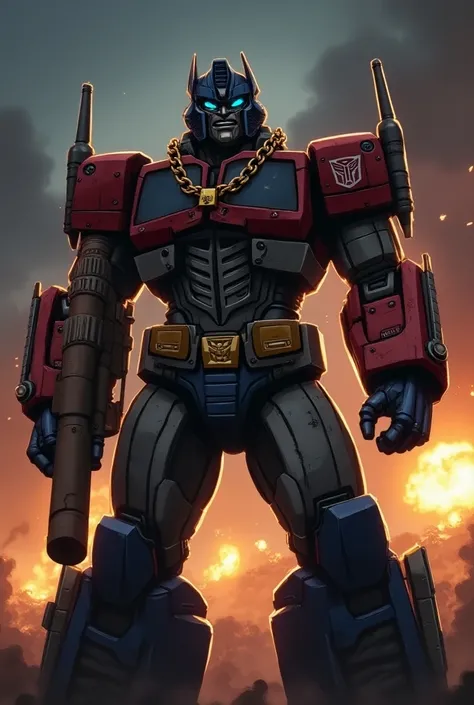 In a dark night with sexy women in the background .  In the foreground a leader of the Autobots Transformers Optimus Prime with angry look in combat position,  angry facial expressions ,  black sunglasses , with smoking cigar in mouth , with a full beard, ...