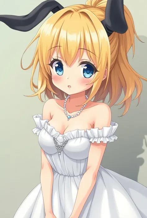  Make a pretty anime girl , with thick lips,  blue eyes ,  blonde with little black bunny ears and an elegant white dress, 8K,  a pigtail in the middle, and a nice necklace , And hes looking from the side