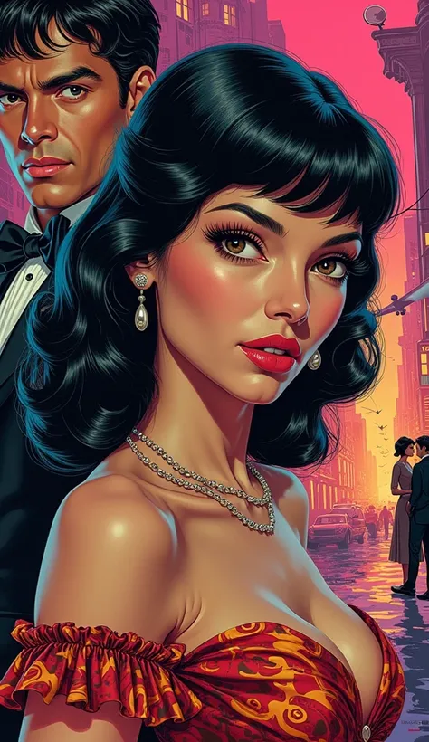 Create a striking 1960s movie poster for a film titled "Dangerous Killer." a beautiful cute modest assassin with sleek black hair styled in an iconic 1960s fashion. She has beautifully detailed eyes with  and long eyelashes that enhance her alluring gaze. ...