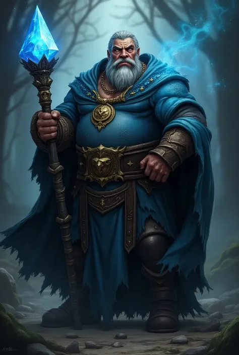 A WIZARD, warcraft style, Muscles, Spell staff with a radiantly blue diamond on top, wizards robe, grumpy.