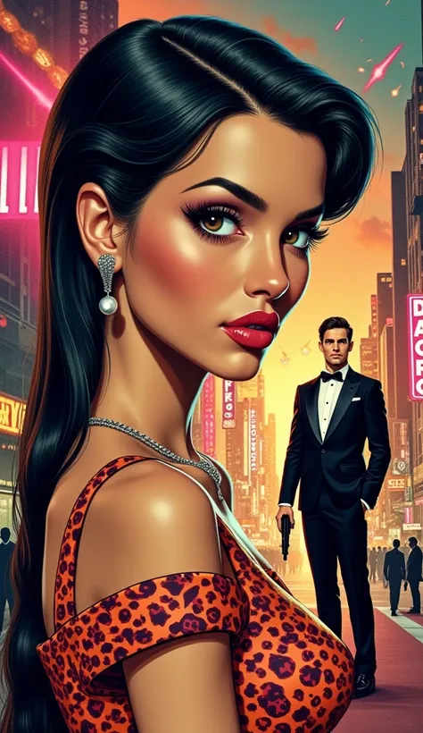 Create a striking 1960s movie poster for a film titled "Dangerous Killer." a beautiful cute modest assassin with sleek black hair styled in an iconic 1960s fashion. She has beautifully detailed eyes with  and long eyelashes that enhance her alluring gaze. ...