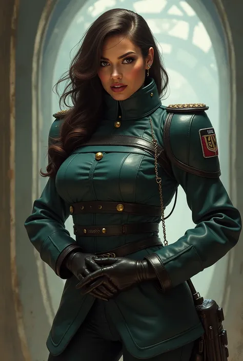 chef-dœuvre, qualité supérieure, (large breasts: 1.2), ultra detail, Brouillard, officer, warhammer 40k, portrait, painting, woman, officer clothes, full body lenght, oil painting, posing in a study, scifi scene, Warhammer 40k, style by artgerm,