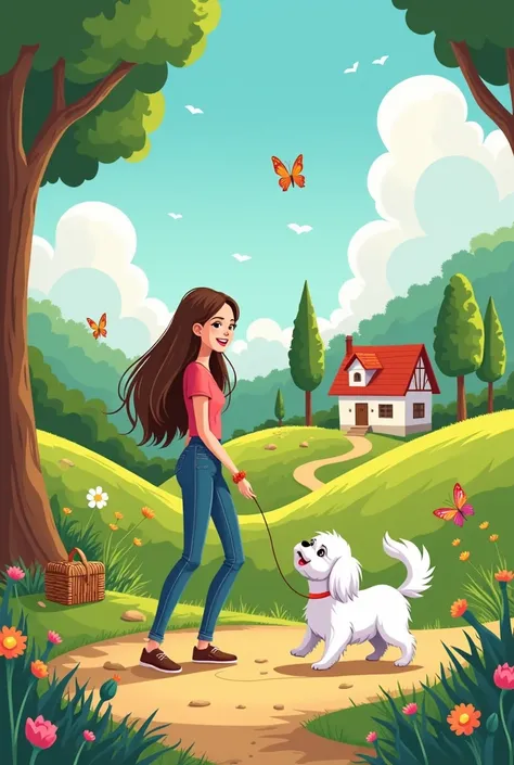 a tall woman with brown straigt long hair and a white shitzu dog playing at the park the house, make the image cartoon style