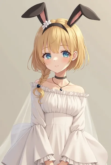 Make a pretty anime girl , with thick lips,  blue eyes ,  blonde with black bunny ears and an elegant white dress, 8K,  a pigtail in the middle, and a nice necklace , And hes looking from the side