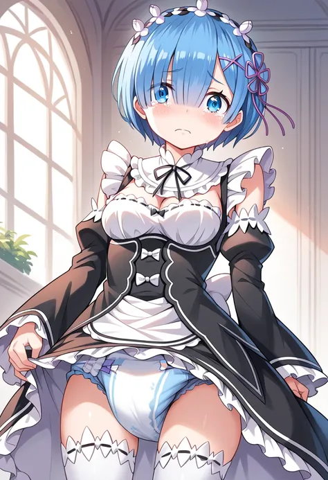 whole body　diaper　((Teary-eyed))　REM_(re:Zero)　blue_eyes,hair_over_one_eye,short_hair,blue_hair,hair_ribbon,horse-drawn carriage_mansion_maid_uniform,