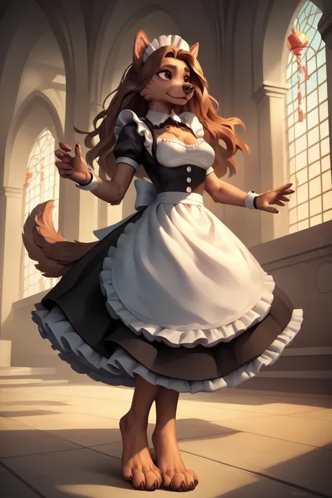 (4k,  perfect face ,  perfect hands , perfect feet,  perfect eyes, Mass details : 1.2), (furry,  anthropomorphic wolf, Women, brown dog , brown hair,  long hair, Medium breasts,  brown eyes,  brown wolf tail ,) alone, parade,  maid clothes ,  mansion in th...