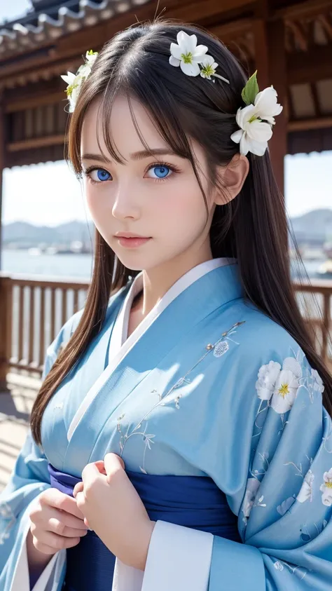  Hi-Res,  1 girl,  blue eyes, Perfectly detailed eyes, perfect detailed face ,Ultra detailed nose, upper body,Heavenly background, Put Your Hands Together ,kimono