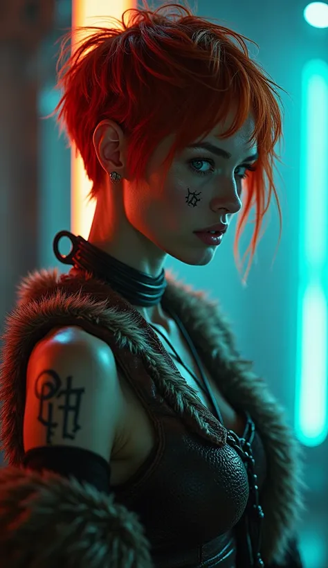 (masterpiece), (extremely difficult :1.3), ( Realistic), (( Abstract Muscular girl )),  disheveled hair , ((Avant-garde Style )), skinny, slightly in armor, short red tousled hair, ((( futuristic ))), ((( cyberpunk Style ))), (((fur shirts))), ((( tattooed...