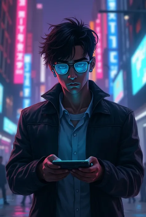  Cyberpunk illustration of a Hispanic man , medium black hair, jacket, glasses with cyan lenses ,  with neural implants behind his ear holding a cyberdeck
