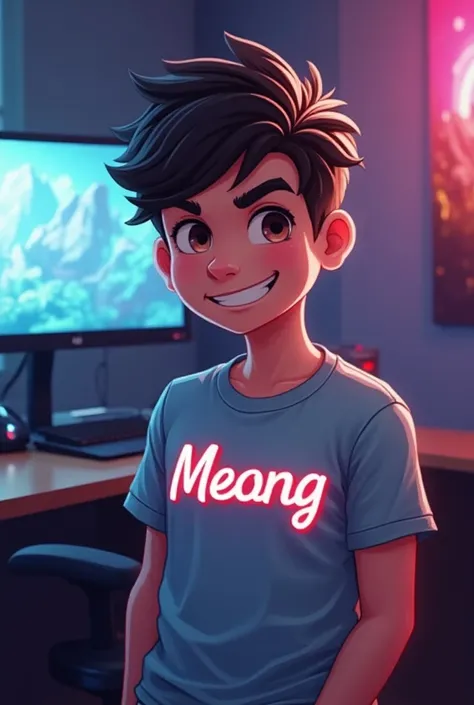 A boy with write his t shirt there name write Meong like a gamer 