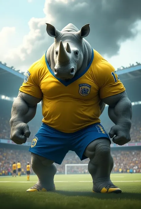  create a rhinoceros , Very strong and angry ,  wearing yellow and blue soccer clothes ,  inside a stadium and smoke behind it