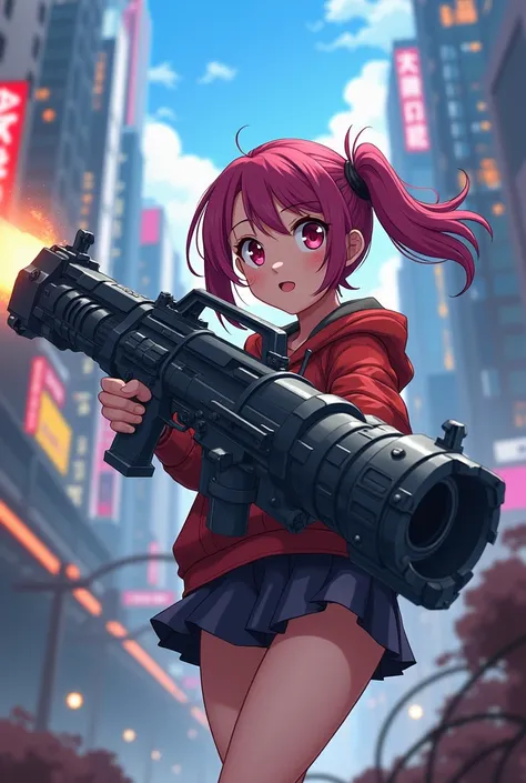 Anime girl with a minigun in her hands against the city background