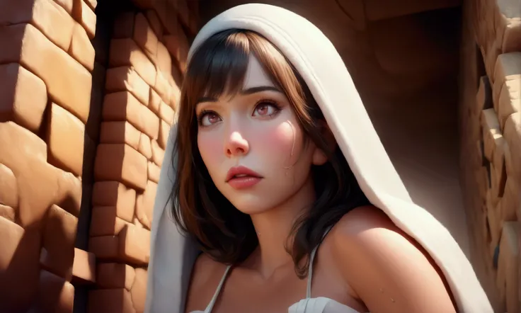 A cute young woman, extremely detailed eyes and face, long eyelashes, beautiful detailed lips, wet, wearing a white towel, confused expression, scared, clinging to her towel, running through a blocky, low poly minecraft world landscape, attempting to escap...