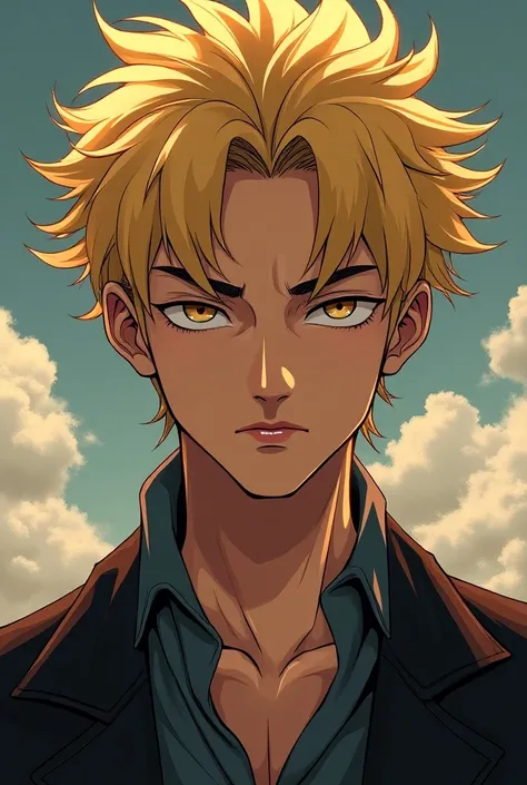 Laki-laki, young , height 190 cm, blonde hair, sharp eyes ,big nose, thick lips, manhwa, Medium hair .
