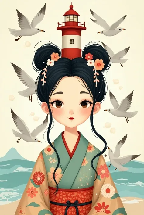 flat，vector，, a beautiful Chinese goddess in a kimono close-up to the waist， Hair decorated with ocean elements of beach sand ， Carry a big lighthouse on her head ， Carrying a lighthouse on her head , close，simple， Hand drawn illustration ，Cute cartoon des...