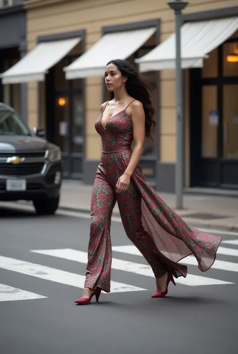 ((Huge tits  )),  Beautiful Latina with big boobs ,   high resolution , fashion floral jumpsuit , walking down the street, Anatomie correcte, détails Accurate, HD model, quality, Accurate,   high resolution , Grandiose , Grandiose breast
