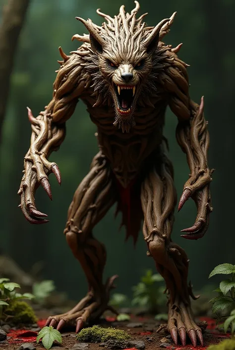 Werewolf made of wood realistic dingy with more leaves and more bloody