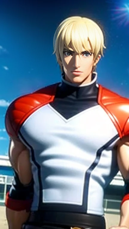 (High-definition CG), (Best Quality),   superhero with a beautiful body, Hero Costumes , Handsome and cool young man ,   Slim and Muscular  , The skin is brown,  blond hair, Frivolous