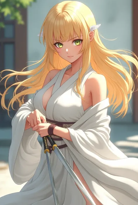 Beautiful blonde in white costume　Knife Gear 　 anime style　Japan　