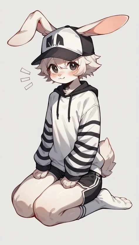 Anthropomorphic character, femboy, female body, cute face, with white fur, large rabbit ears, slightly gray nose, hat with visible brim and circular ornament on the top, white sweatshirt, black horizontal stripes on the sleeves of the sweatshirt, black sho...