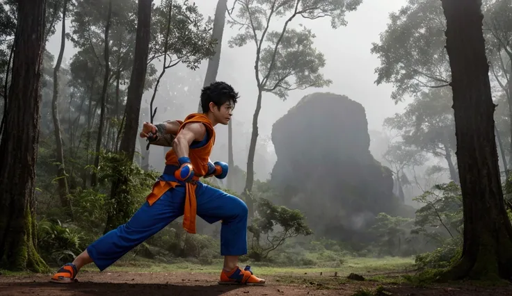 Goku, played by Iko Uwais, training intensely in the rugged Indonesian mountains. He’s wearing a modernized version of his iconic orange and blue gi, showing powerful kicks and punches as he faces off against imaginary opponents. The setting is lush, with ...